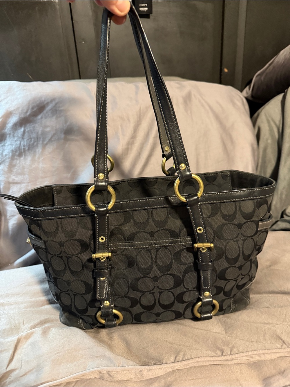 Coach Black Signature Jacquard Tote with zipper and suede bottom